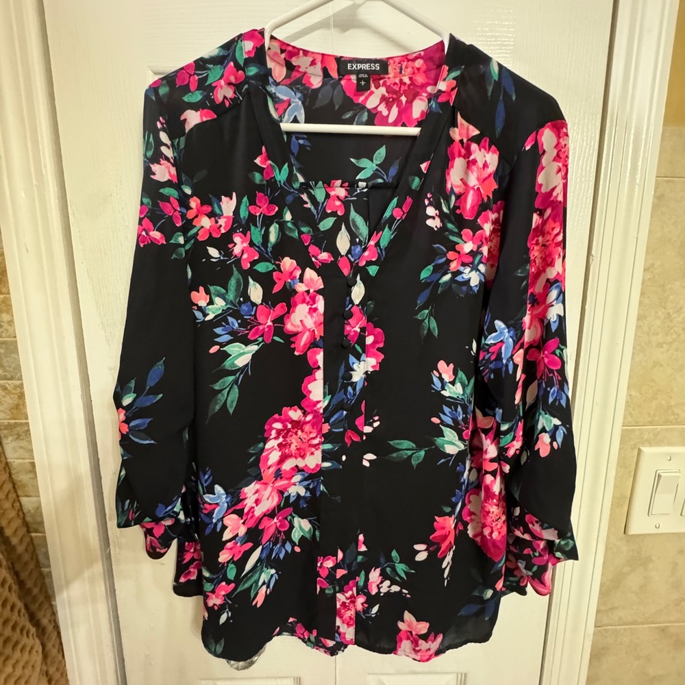 Express Black Floral Blouse with Pink and Blue Accents